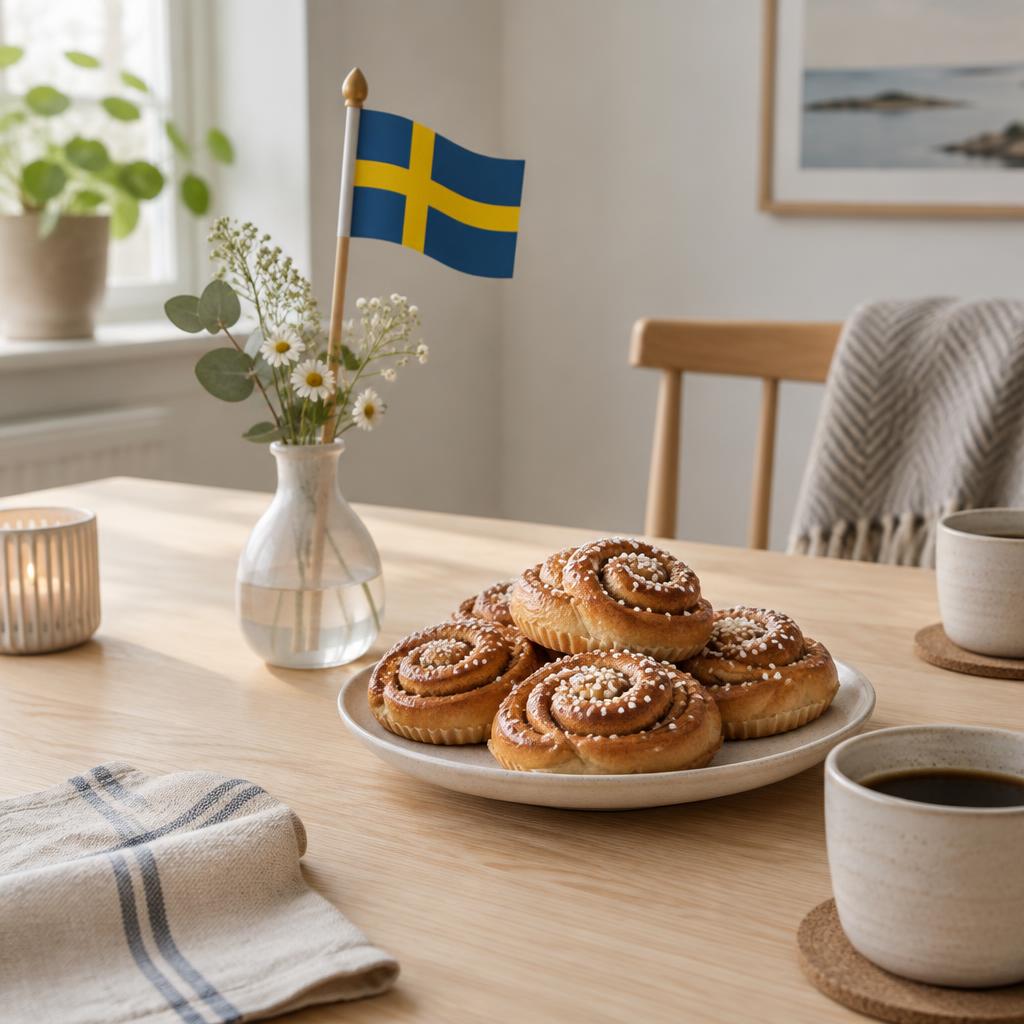Svensk flagga, kanelbullar och kaffe på ett bord