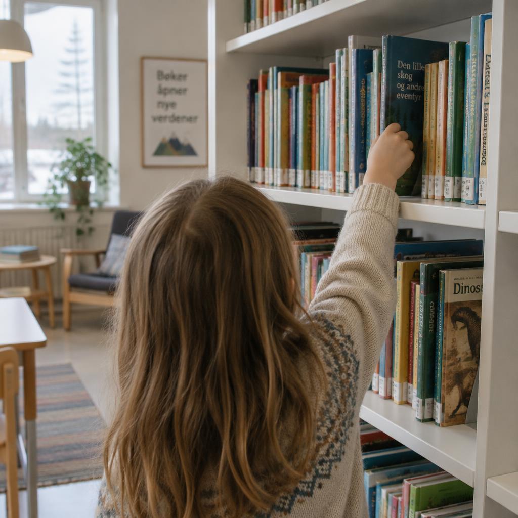 Barn sedd bakifrån som letar bok i bokhyllan