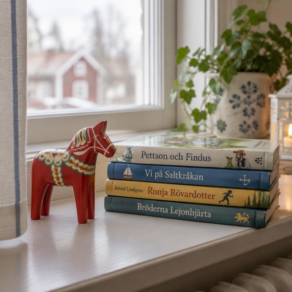 Dalahäst och svenska barnböcker på en fönsterbräda